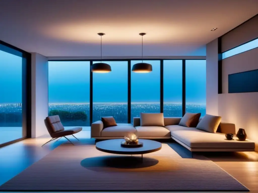 Sala de estar moderna y luminosa con iluminación contemporánea Una sala moderna y elegante con la mejor iluminación para renovaciones, muebles minimalistas y ventanales que dejan entrar la luz natural
