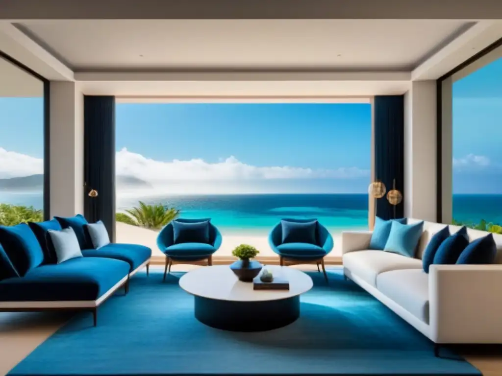 Salón moderno de lujo con vista a la playa Sala de estar moderna de lujo con vista a la playa, muebles elegantes en azules y blancos