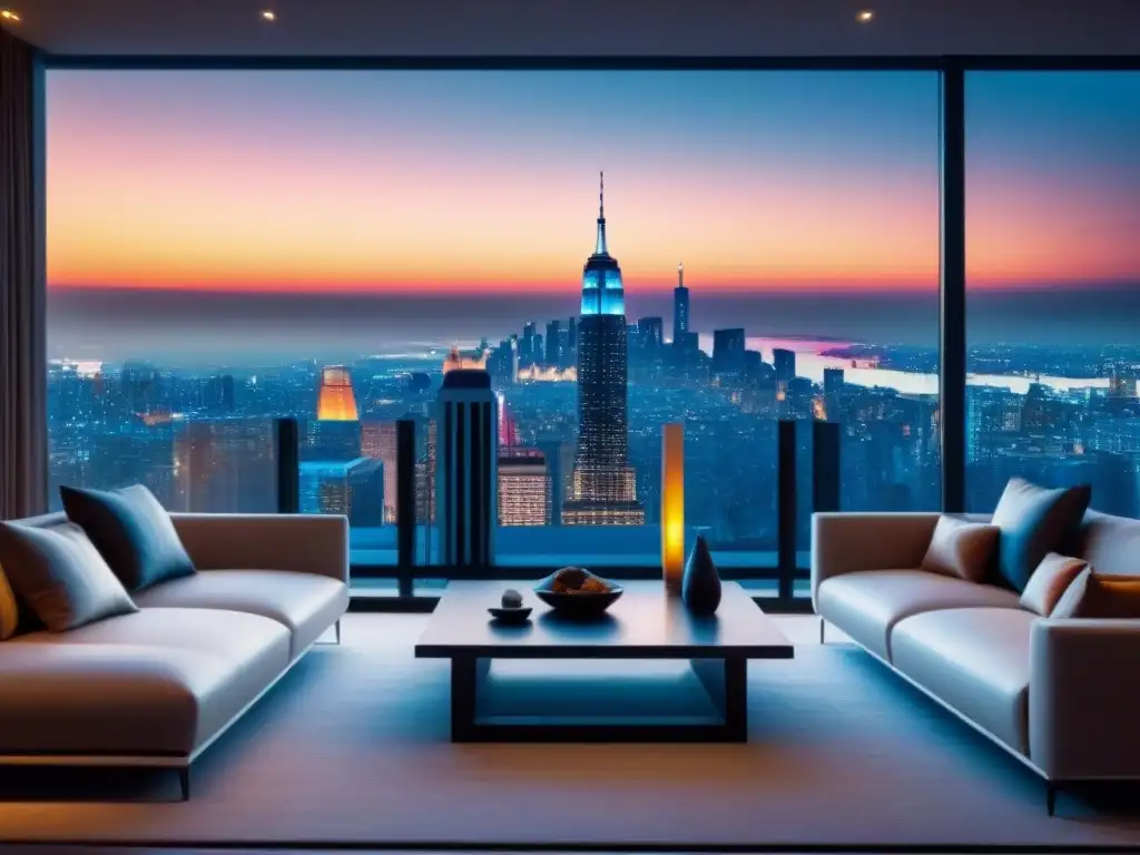 Salón de lujo con vista nocturna de la ciudad Una sala de estar moderna y lujosa con ventanales de piso a techo que muestran una impresionante vista nocturna de la ciudad