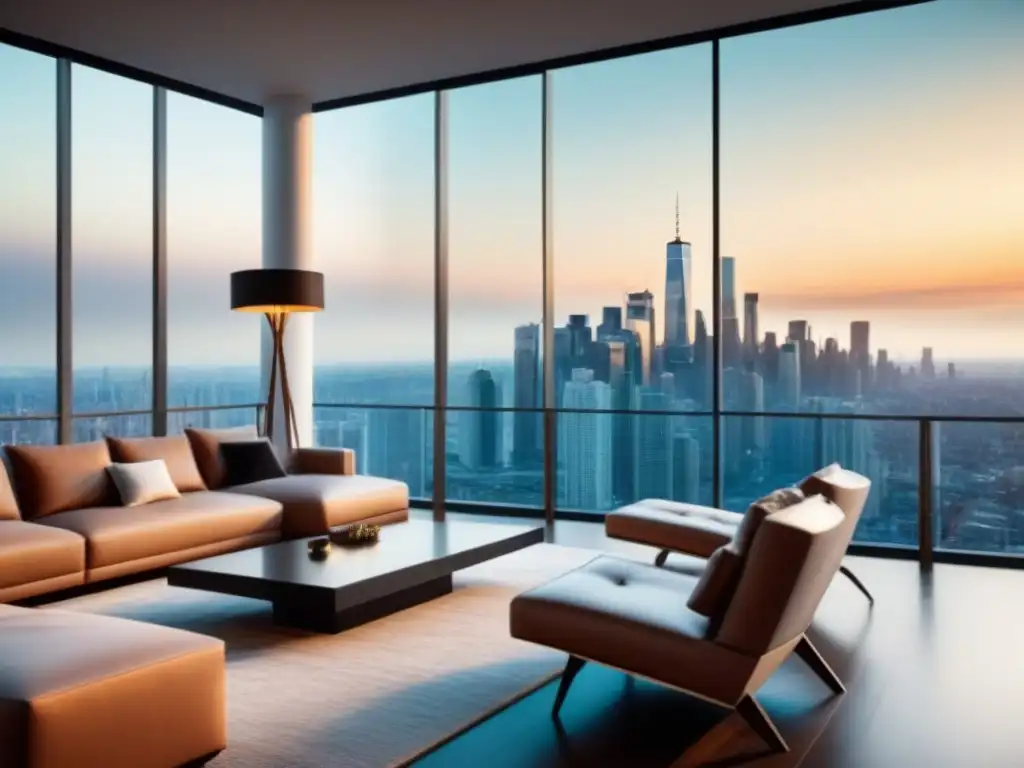 Sofisticada sala de estar urbana con vista panorámica a la ciudad Una sala de estar moderna y lujosa con ventanales de piso a techo con vista a un impresionante horizonte urbano