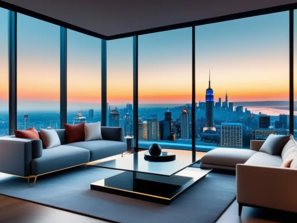 Salón moderno de lujo con vistas a la ciudad al atardecer Una sala moderna y lujosa con ventanales de piso a techo que muestran una impresionante vista de la ciudad al anochecer