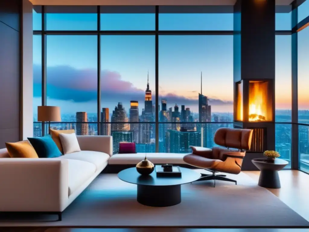 Sofisticado salón moderno con vistas panorámicas a la ciudad Una sala de estar moderna y lujosa con vista a la ciudad y mobiliario elegante, ideal para renovaciones que aumenten la rentabilidad del alquiler