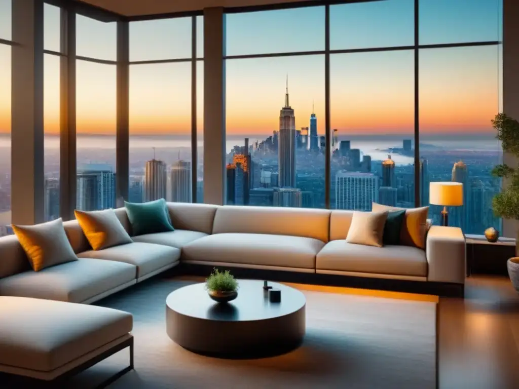 Salón moderno con vista panorámica de la ciudad al atardecer Una sala de estar moderna y serena con vista panorámica a la ciudad al atardecer, revalorización propiedad postdesastre internacional