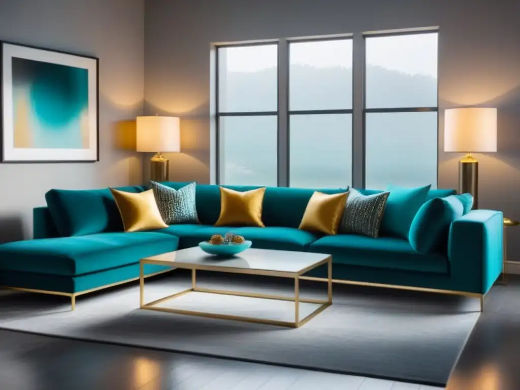Sala de estar moderna con toques de color teal y oro Una sala moderna en tonos neutros realzados por toques vibrantes de turquesa y dorado