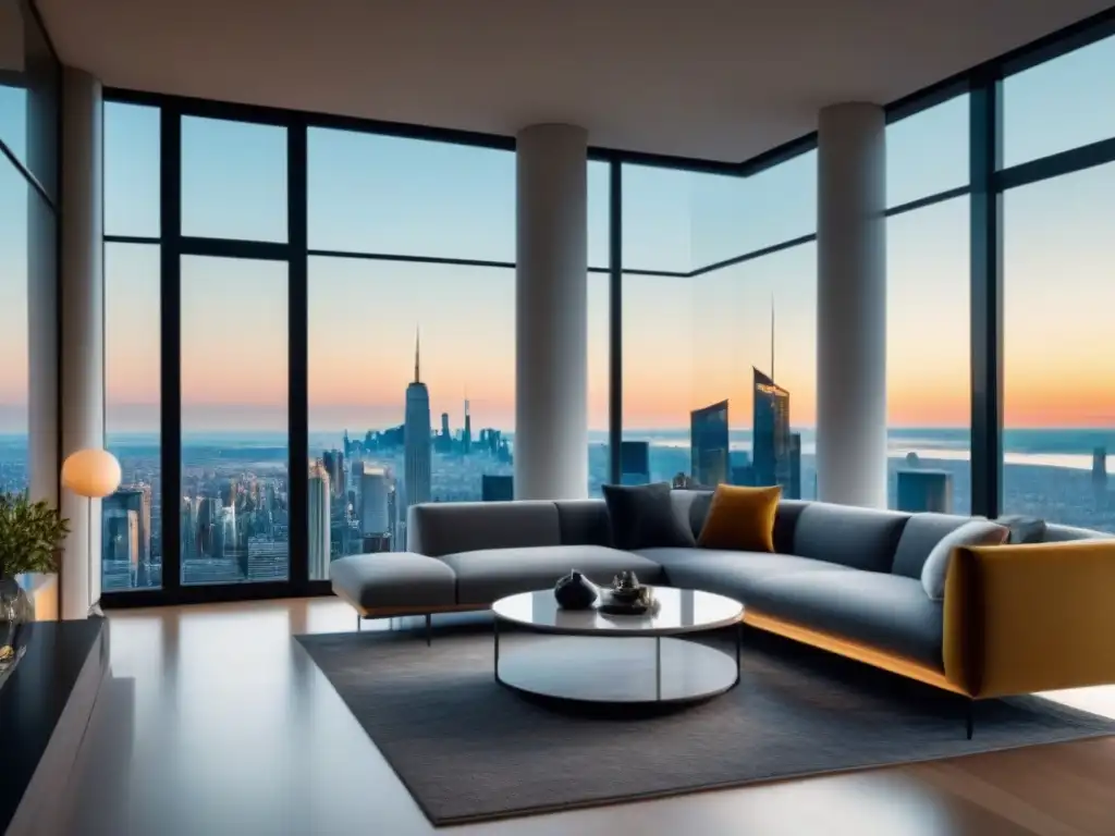 Salón moderno con vista panorámica de la ciudad | Imagen 8K de lujo Una sala moderna con vista panorámica a la ciudad
