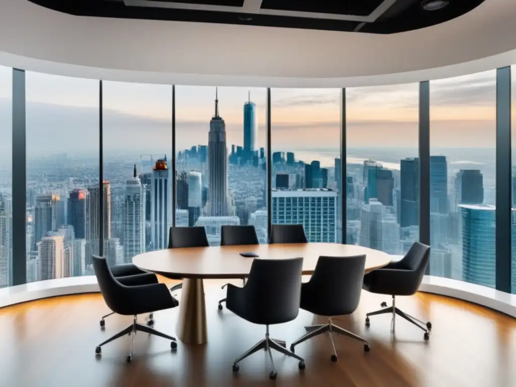 Una sala de oficina moderna con vista a la ciudad