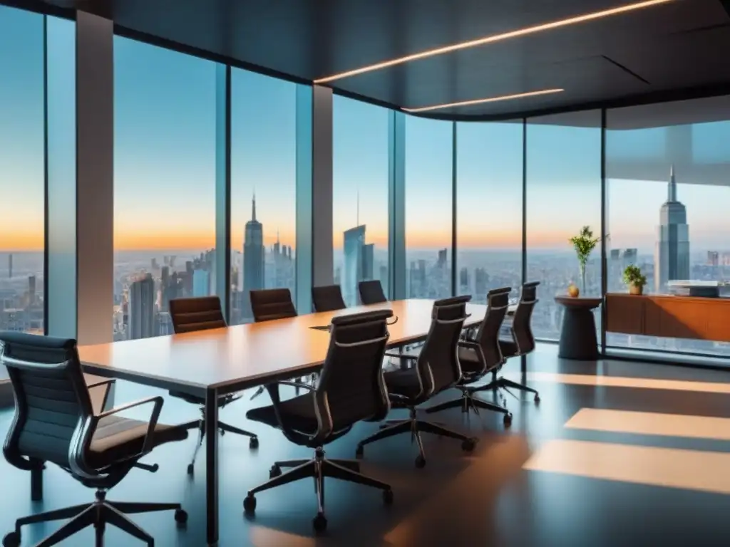 Oficina ultramoderna con vista panorámica de la ciudad: innovación y éxito Sala de oficina ultramoderna con vista a la ciudad