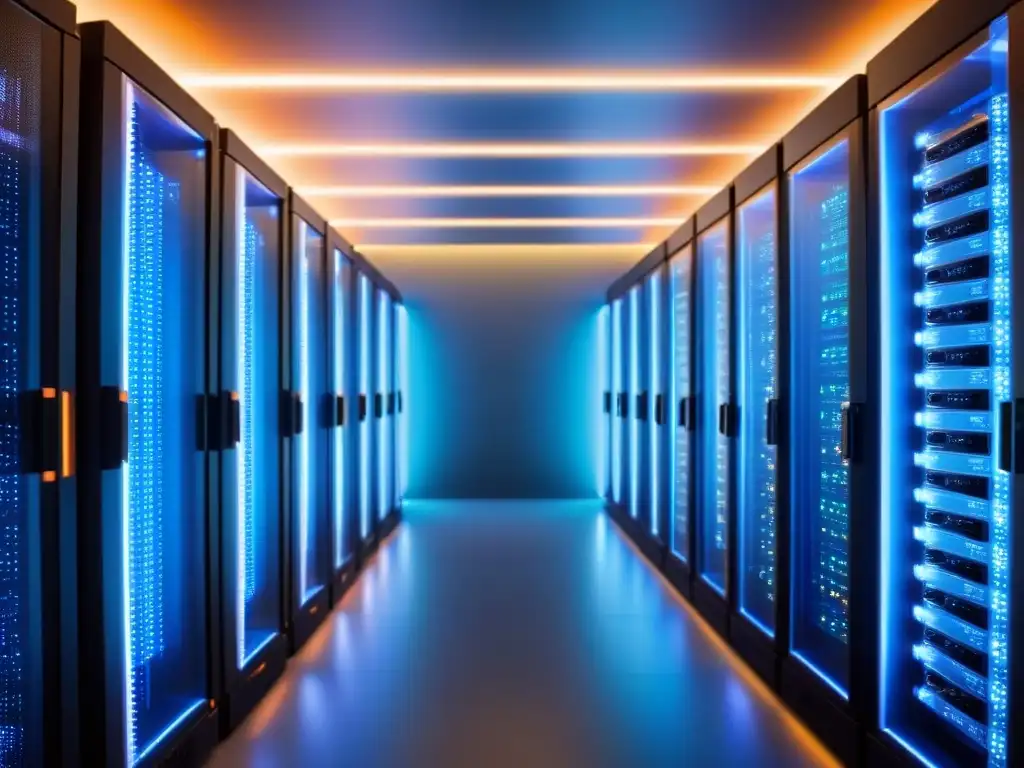 Sala de servidores en la nube: eficiencia tecnológica inigualable Una sala de servidores moderna y eficiente, con tecnología de gestión de propiedades internacionales en la nube