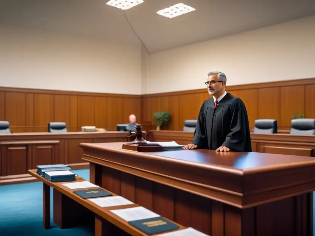 Escena judicial internacional: abogados, juez y jurados en un ambiente moderno y elegante Sala de tribunal moderna en el extranjero con abogados, juez y jurados atentos