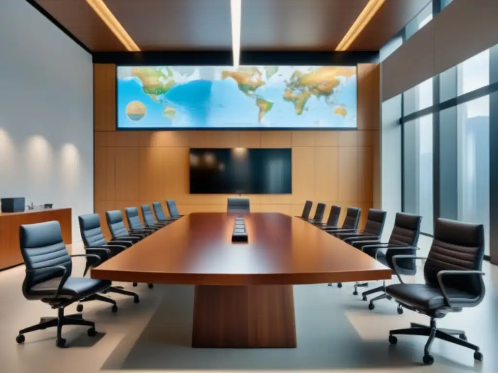Sala de audiencias moderna: lujo y sofisticación en litigios inmobiliarios Una sala de tribunal moderna con paredes de vidrio y techo alto, iluminada por luz natural