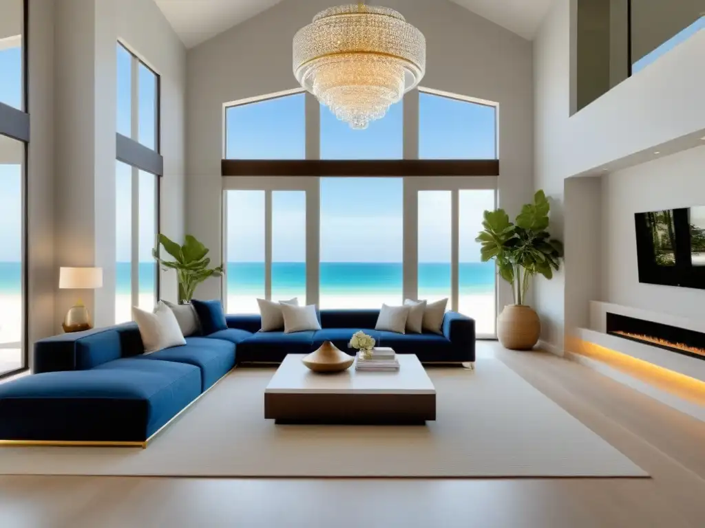 Salón de lujo en alquiler vacacional frente a la playa Salón de alquiler vacacional de lujo con diseño contemporáneo, sofá gris, mesa de mármol y vista a la playa
