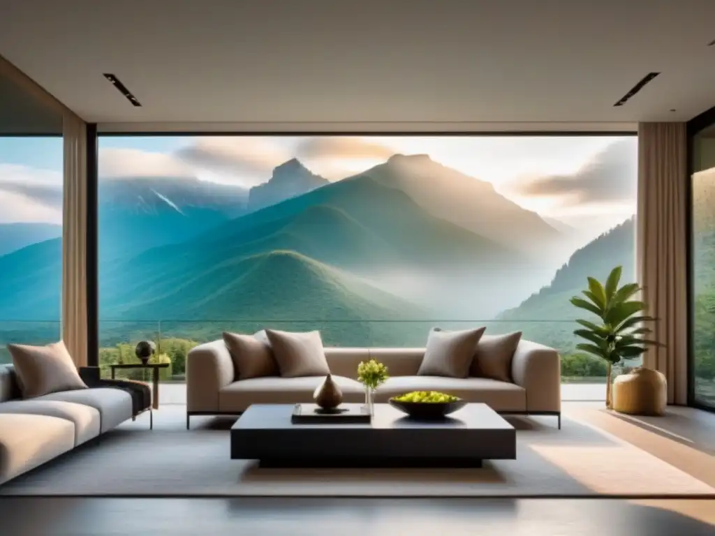 Sala de lujo con vistas a montañas: diseño contemporáneo y serenidad Un salón de alquiler vacacional lujoso y moderno con ventanales y vistas a la impresionante montaña