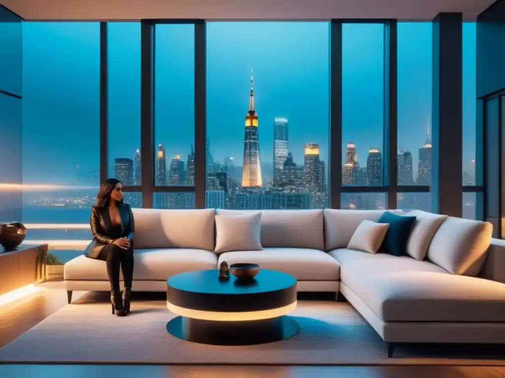 Salón de lujo con tecnología inteligente: smart home en la ciudad Un salón de apartamento moderno y lujoso con tecnología inteligente integrada, mostrando propiedades inteligentes para inversores