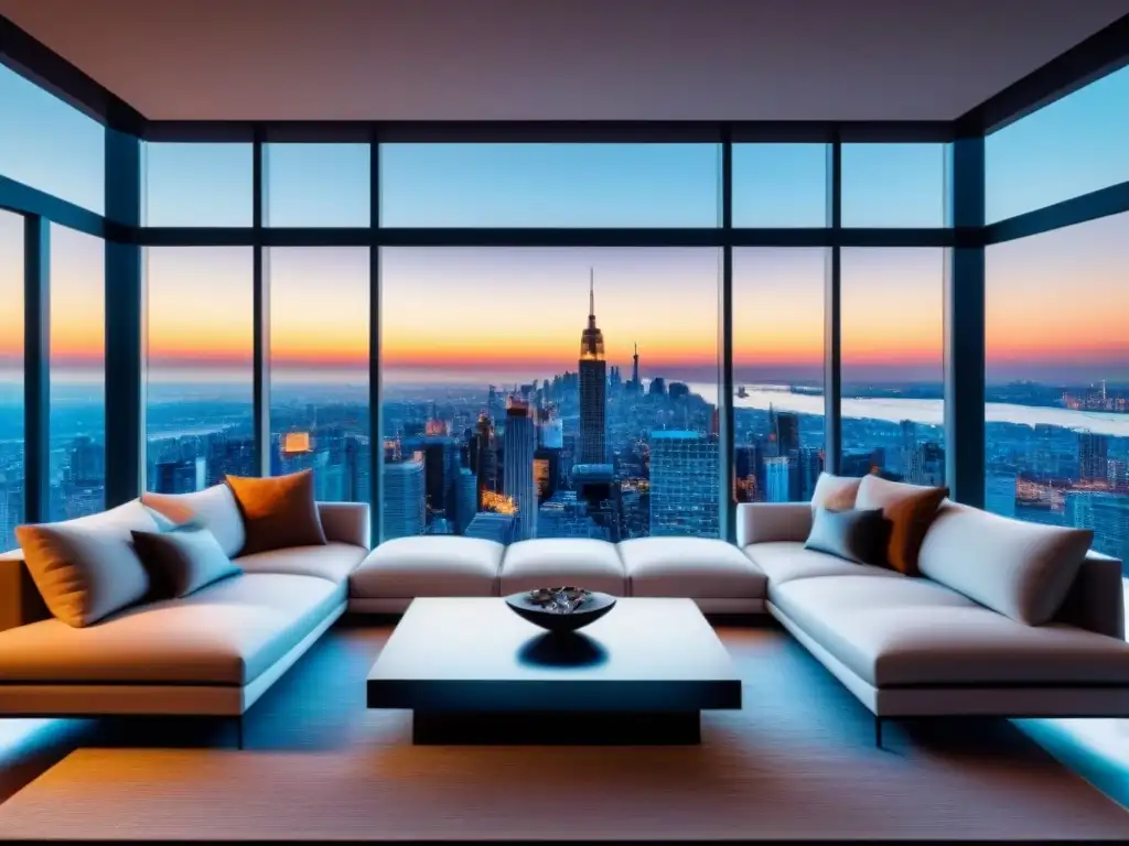 Salón futurista de lujo con tecnología y vistas panorámicas Salón de casa inteligente para alto poder con diseño lujoso y futurista en la ciudad