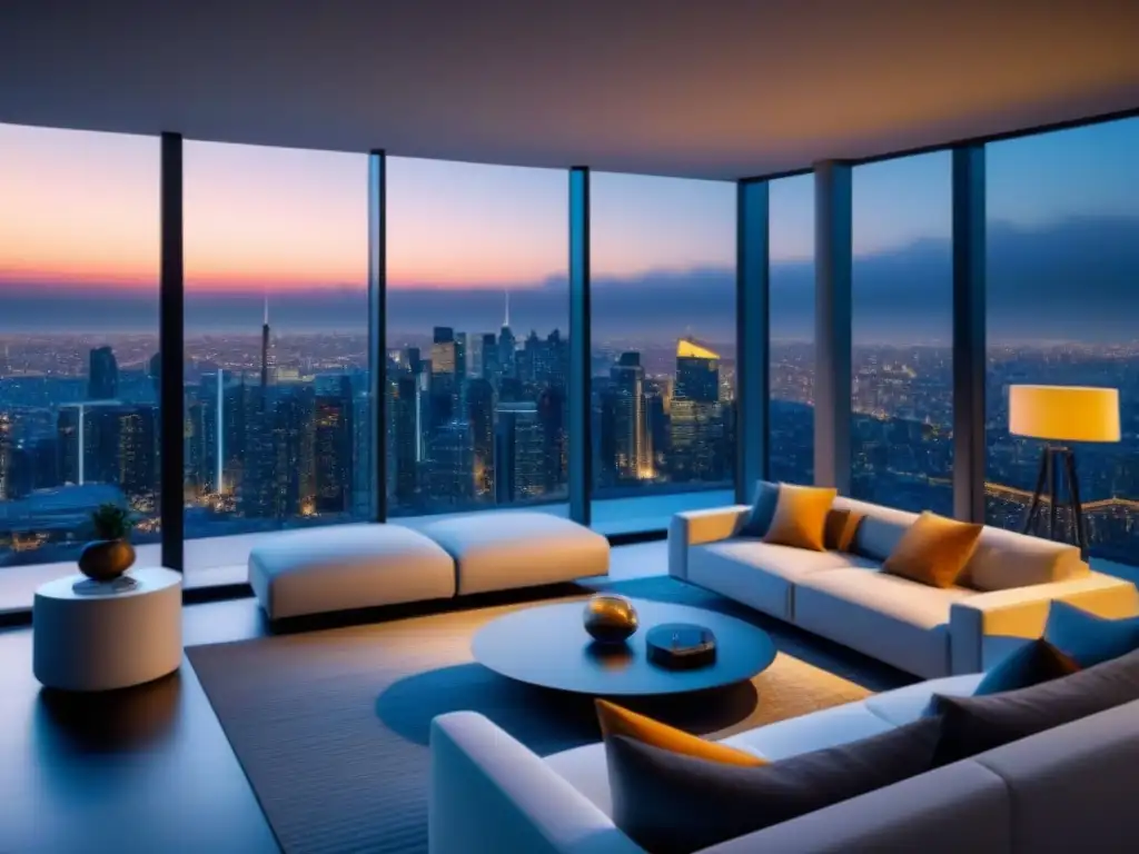 Salón de lujo inteligente con vista a la ciudad Salón de casa inteligente de lujo con mobiliario minimalista, tecnología de vanguardia y vistas impresionantes de la ciudad