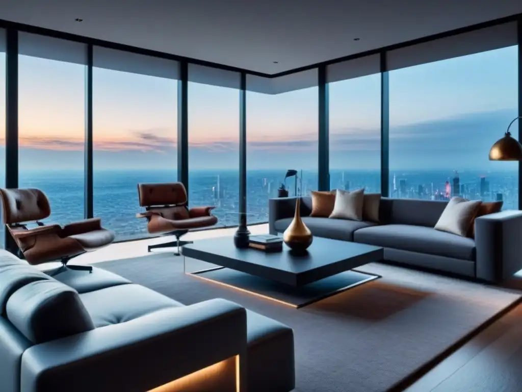 Un salón de casa inteligente lujoso y moderno, con tecnología de vanguardia integrada en la decoración elegante