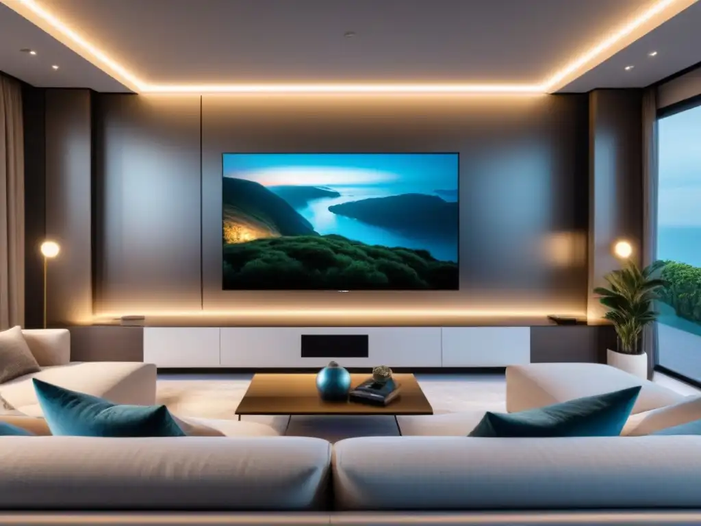 Salón de lujo inteligente: tecnología y elegancia fusionadas Un salón de casa inteligente premium con tecnología de vanguardia y elegante diseño