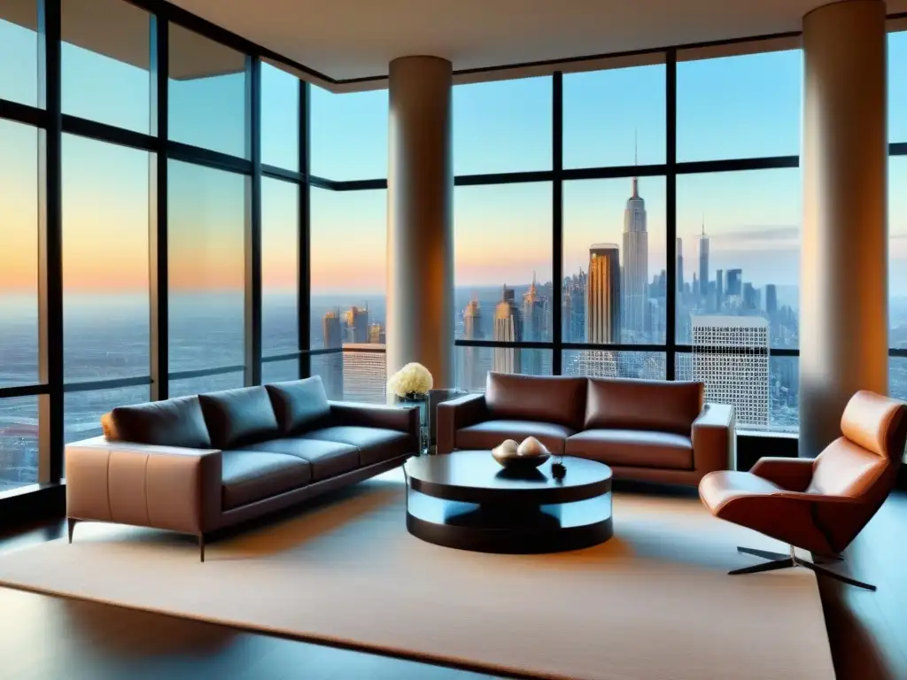 Sala de estar de lujo en torre, con vista a la ciudad Salón lujoso en condominio de gran altura con vista a la ciudad