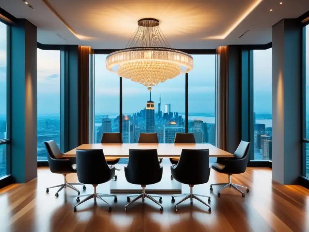 Salón de conferencias de lujo: sofisticación y profesionalismo Salón de conferencias lujoso y moderno con sillas de cuero negro alrededor de una mesa blanca brillante, iluminado por una elegante lámpara colgante