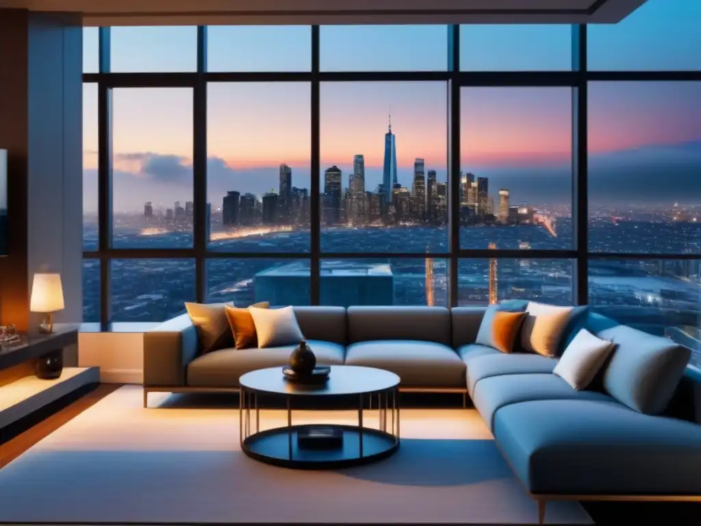Salón de lujo en rascacielos urbano con vista panorámica al atardecer Un salón contemporáneo de lujo en un rascacielos urbano al anochecer
