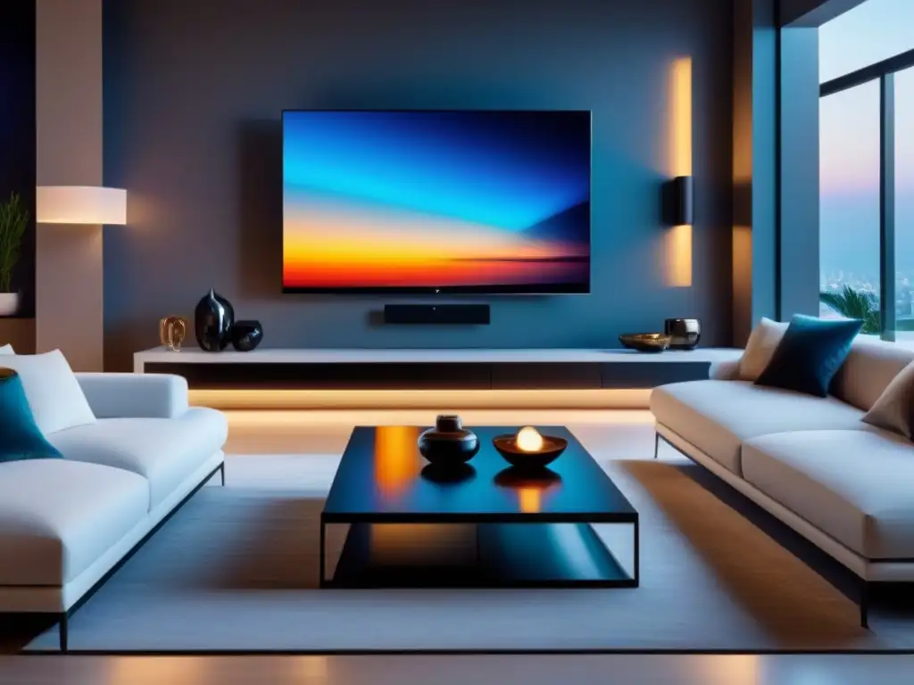 Sala de estar de lujo en casa inteligente: diseño futurista con tecnología integrada Salón lujoso con diseño residencial con tecnología, iluminación ambiental y mobiliario contemporáneo