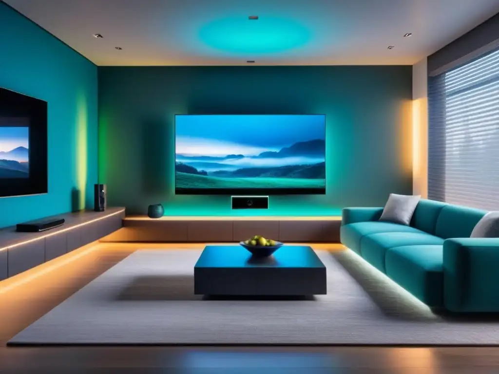 Salón futurista con tecnología inteligente integrada Un salón futurista de alta tecnología con dispositivos inteligentes integrados