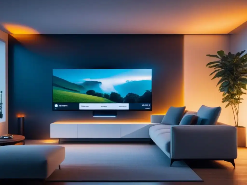 Interior de casa inteligente futurista con tecnología de vanguardia Salón futurista de casa inteligente con tecnología avanzada