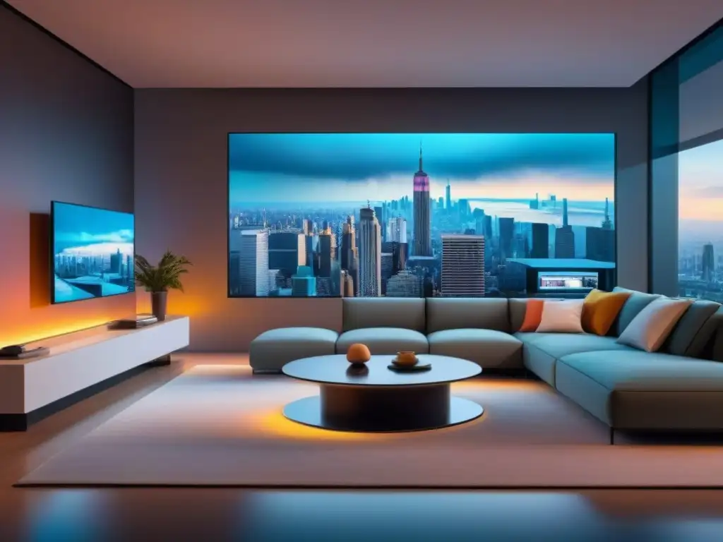 Sala futurista AI: diseño vanguardista con IA y tecnología inteligente Un salón futurista diseñado con IA: muebles minimalistas, tecnología inteligente y vistas a una ciudad virtual