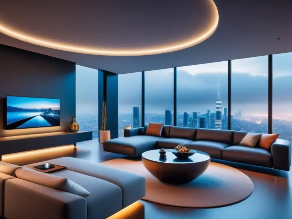 Salón futurista de una casa inteligente con tecnología domótica avanzada Salón futurista con domótica integrada en diseño moderno y minimalista