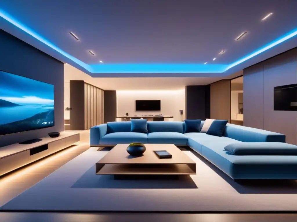 Sala de estar futurista con IA integrada Un salón futurista en una Smart Home, con IA integrada en diseño