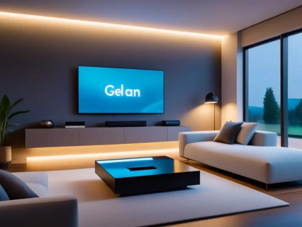 Salón futurista con domótica avanzada y diseño minimalista Salón futurista de una Smart Home con diseño minimalista y tecnología de vanguardia