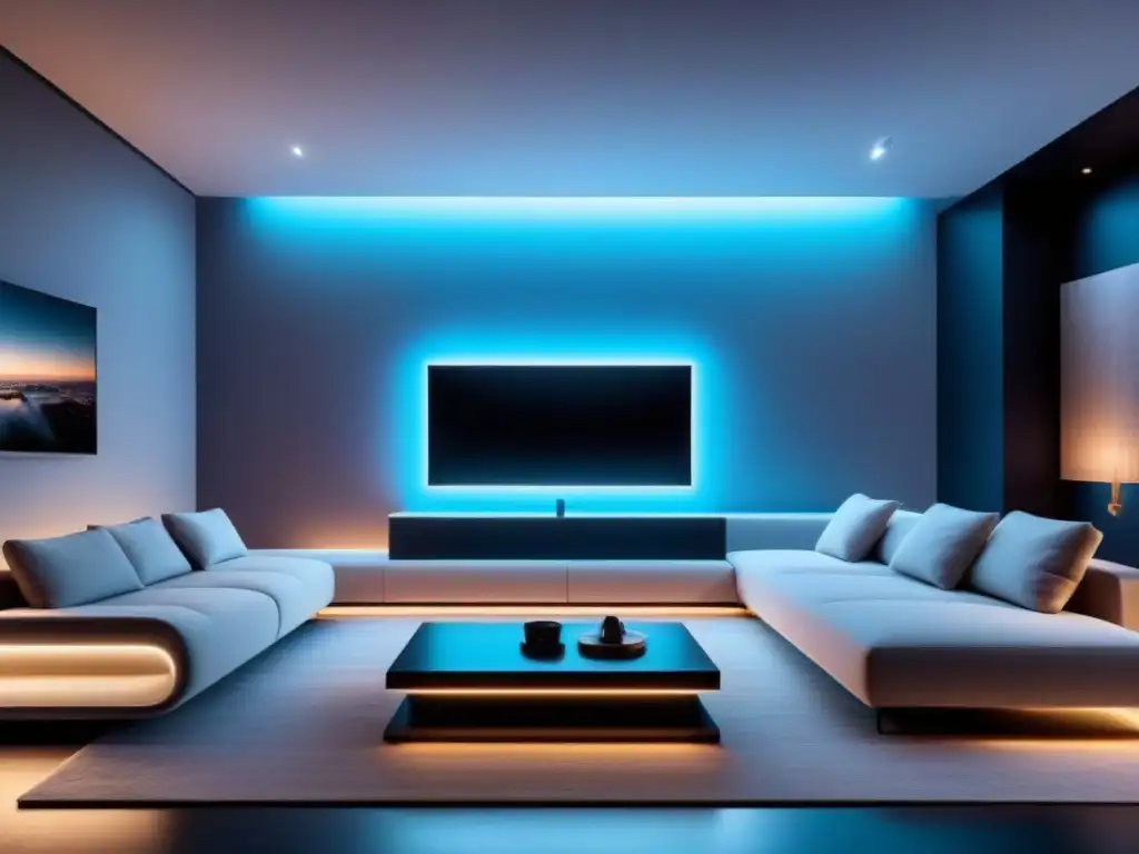 Salón futurista con muebles AI y realidad virtual Un salón futurista con muebles de IA que se ajustan a las preferencias de los ocupantes
