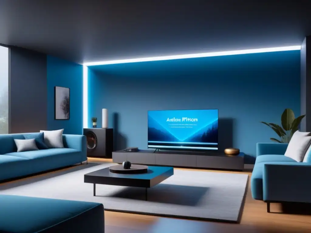 Salón futurista de Smart Home con tecnología de vanguardia Salón futurista de una Smart Home con IA, muebles minimalistas y tecnología de vanguardia en tonos plata, negro y azul