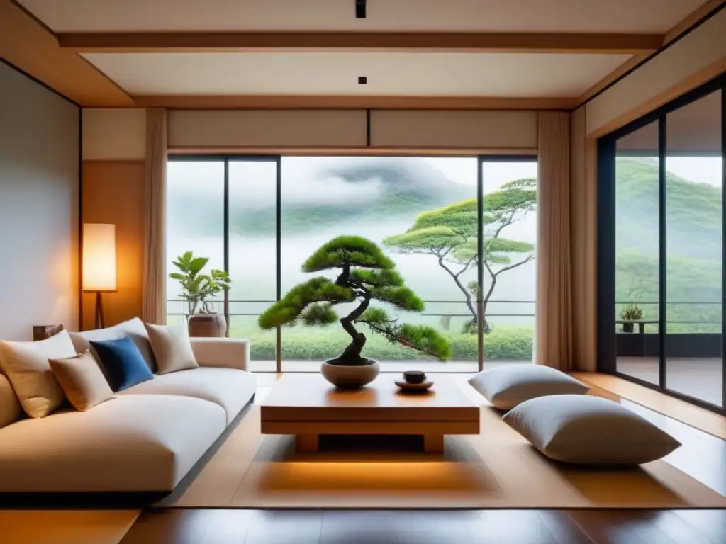 Serenidad japonesa: sala minimalista con toques naturales Un salón japonés sereno y elegante con elementos de diseño minimalista, como líneas limpias y colores neutros