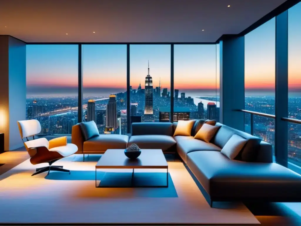 Salón de lujo en la ciudad: sofisticación y comodidad Salón de lujo en apartamento alto con vistas nocturnas de la ciudad