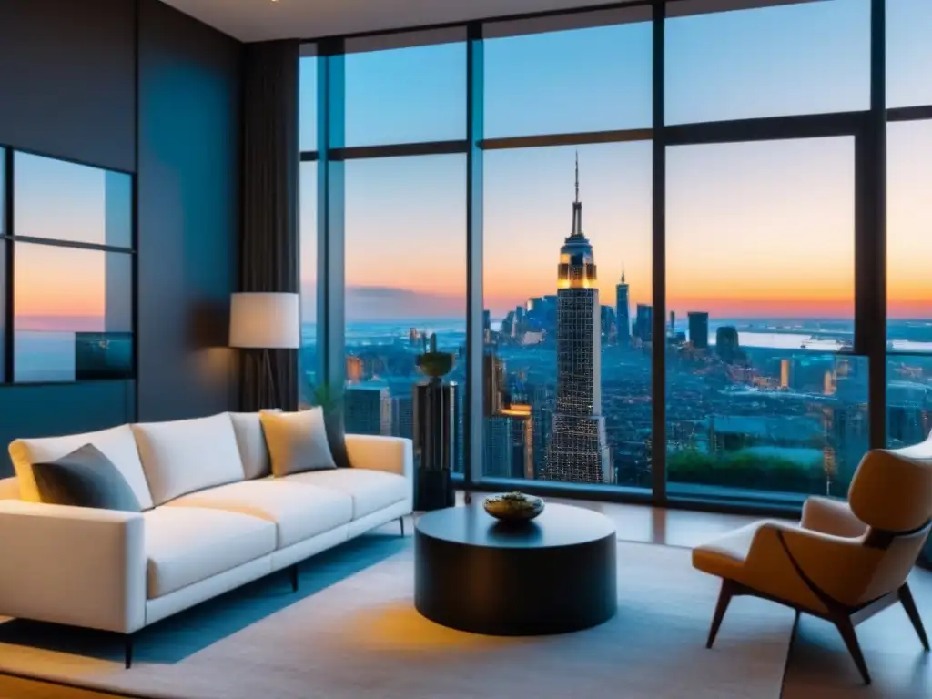 Elegante sala de estar en un rascacielos con vistas a la ciudad Salón de lujo en apartamento con vistas a la ciudad, muebles contemporáneos y ambiente elegante