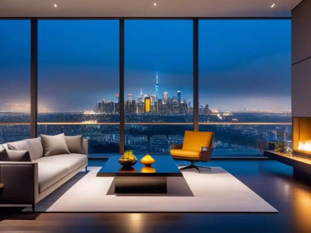 Salón de lujo con vistas nocturnas de la ciudad en apartamento de altura Salón de lujo en apartamento con vistas nocturnas a la ciudad y decoración contemporánea
