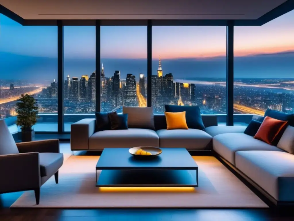 Salón de lujo en penthouse con vista panorámica nocturna Salón de lujo en ático: muebles modernos, ventanales con vistas nocturnas a la ciudad
