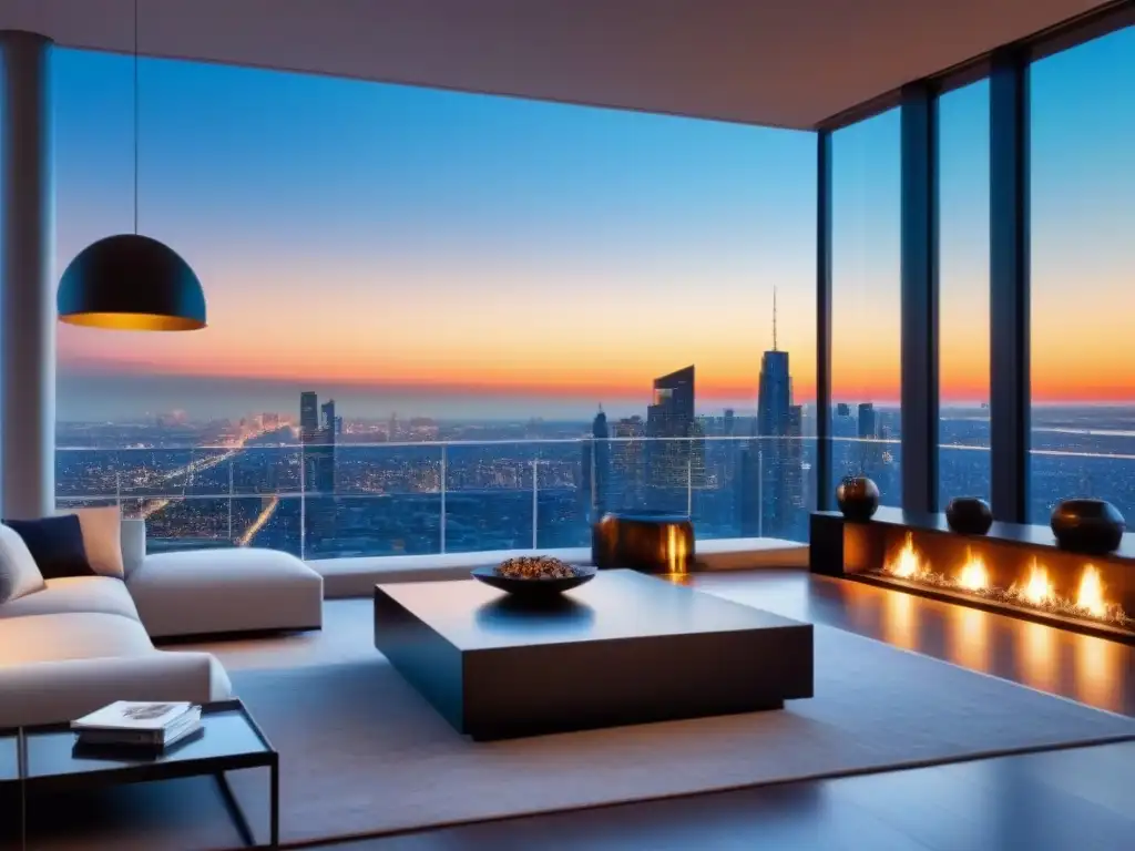 Penthouse de lujo con vistas panorámicas a la ciudad Salón de lujo en ático con vista a la ciudad y terraza privada al atardecer, ideal para el storytelling propiedades lujo inversionistas globales