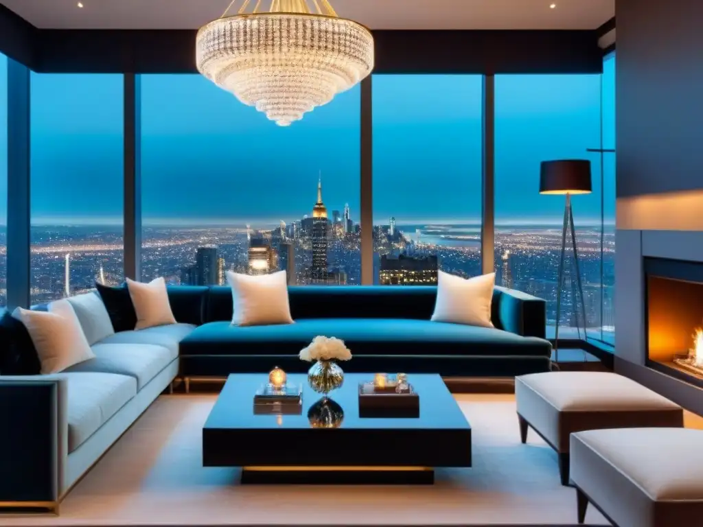 Penthouse de lujo con vista nocturna a la ciudad Salón de lujo en ático con vista a la ciudad de noche, muebles elegantes y bar con cristalería fina, ideal para financiar propiedades de lujo