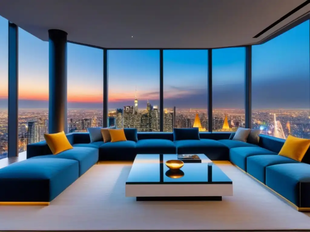 Penthouse de lujo con vista panorámica nocturna de la ciudad Salón de lujo en ático con vista panorámica nocturna de la ciudad