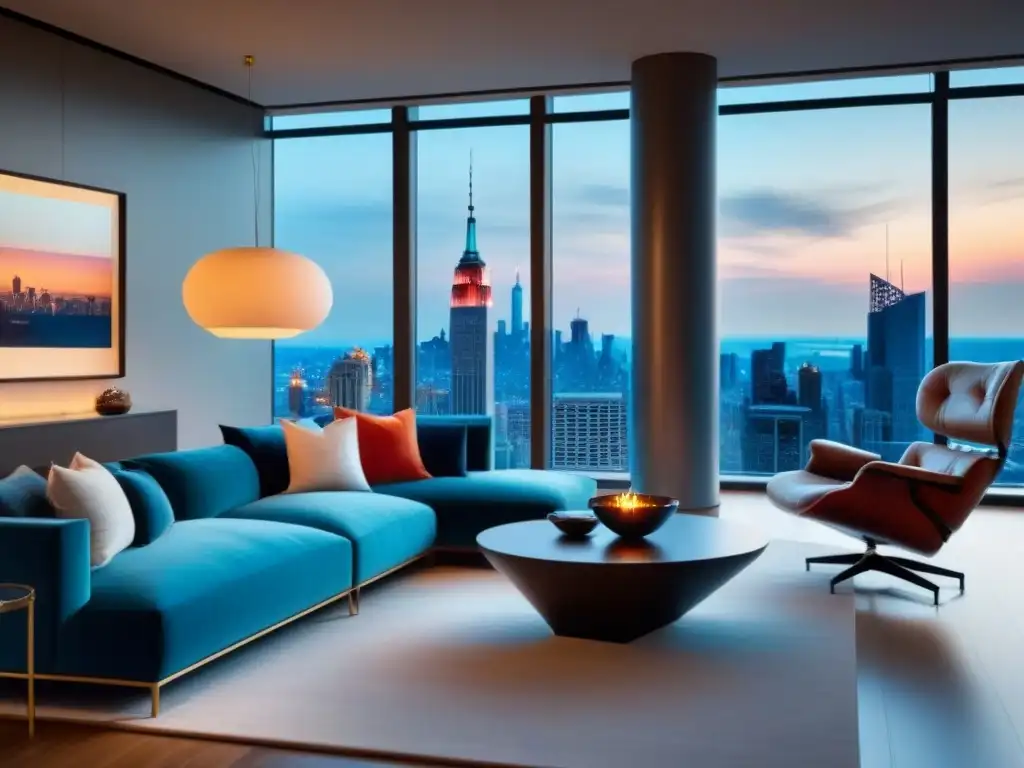 Salón de lujo en penthouse con vistas a la ciudad Salón de lujo en ático con vistas a la ciudad, muebles contemporáneos y decoración elegante