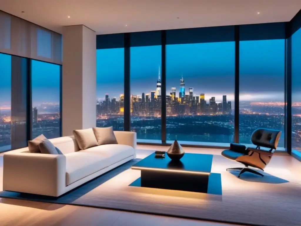 Sala de estar de lujo en casa inteligente de alta gama Salón de lujo en casa inteligente de última generación con tecnología avanzada y vista nocturna de la ciudad