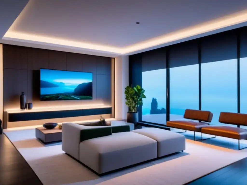 Salón inteligente de lujo: tecnología de vanguardia y diseño futurista Salón de lujo en casa inteligente con tecnología de vanguardia y ahorro energético en tiempo real