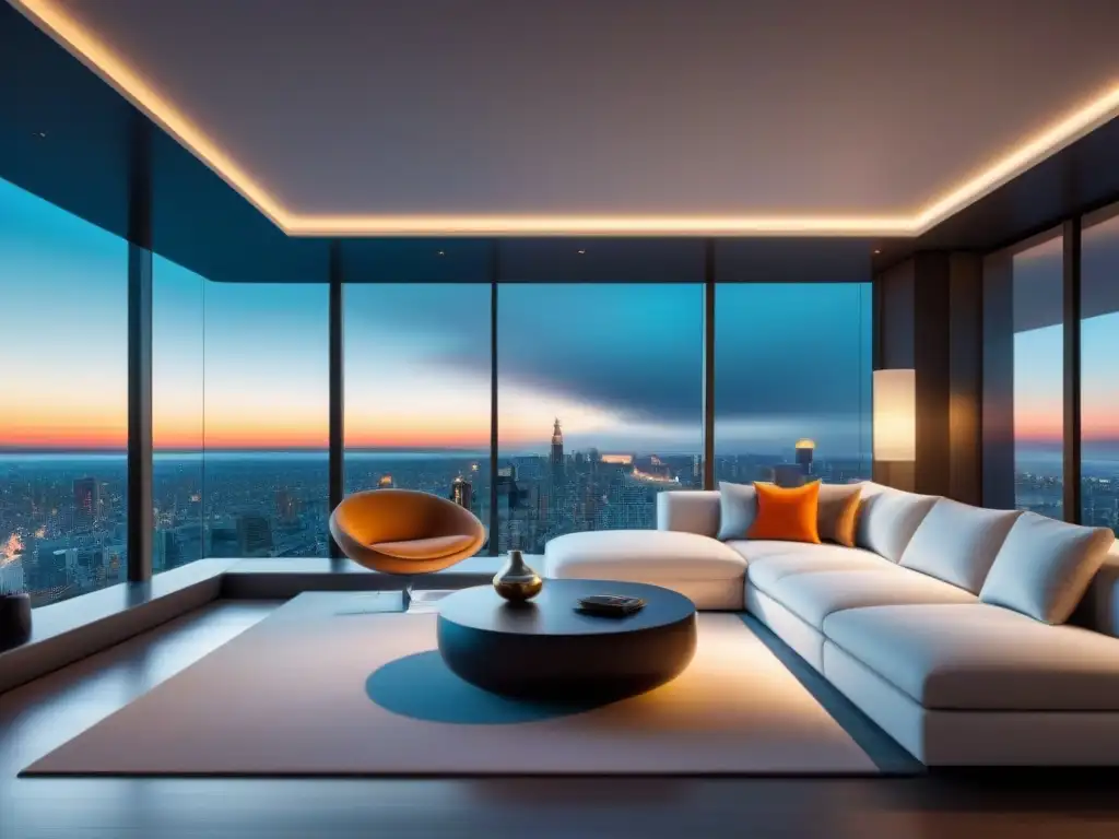Salón de lujo en casa inteligente con domótica para inversores inmobiliarios internacionales