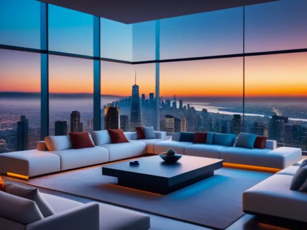 Salón futurista de lujo en casa inteligente con tecnología de vanguardia Un salón de lujo en un hogar inteligente del futuro, con muebles automatizados, control por voz y vistas a la ciudad al anochecer