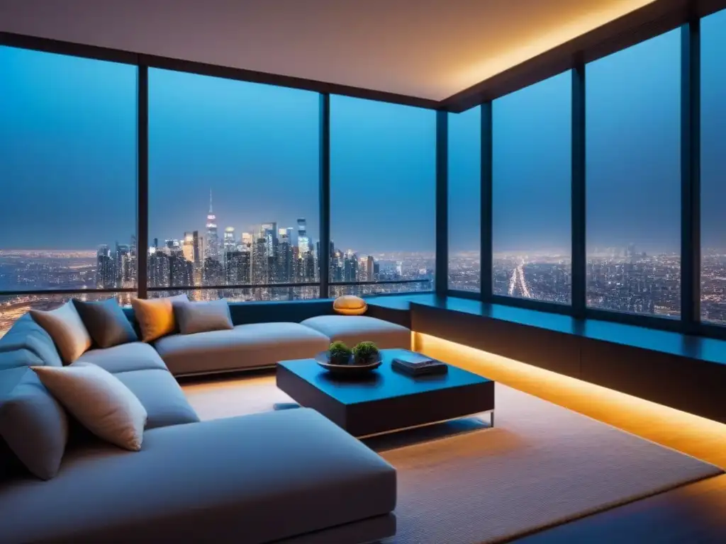 Penthouse de lujo con tecnología domótica y vista urbana nocturna Salón de lujo con domótica en inversión inmobiliaria internacional y vista nocturna de la ciudad