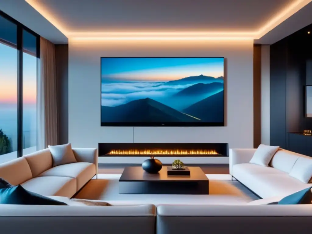 Sala de estar de lujo en casa inteligente: tecnología y elegancia Salón de lujo con IoT en inmobiliario de lujo, elegante y tecnológico, bañado en luz natural