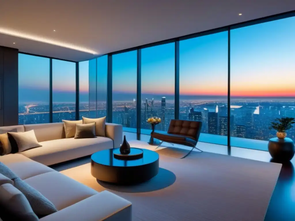 Salón de lujo inteligente con tecnología de automatización avanzada Salón de lujo con las mejores tecnologías domóticas para propiedades, iluminación por voz y ambiente futurista