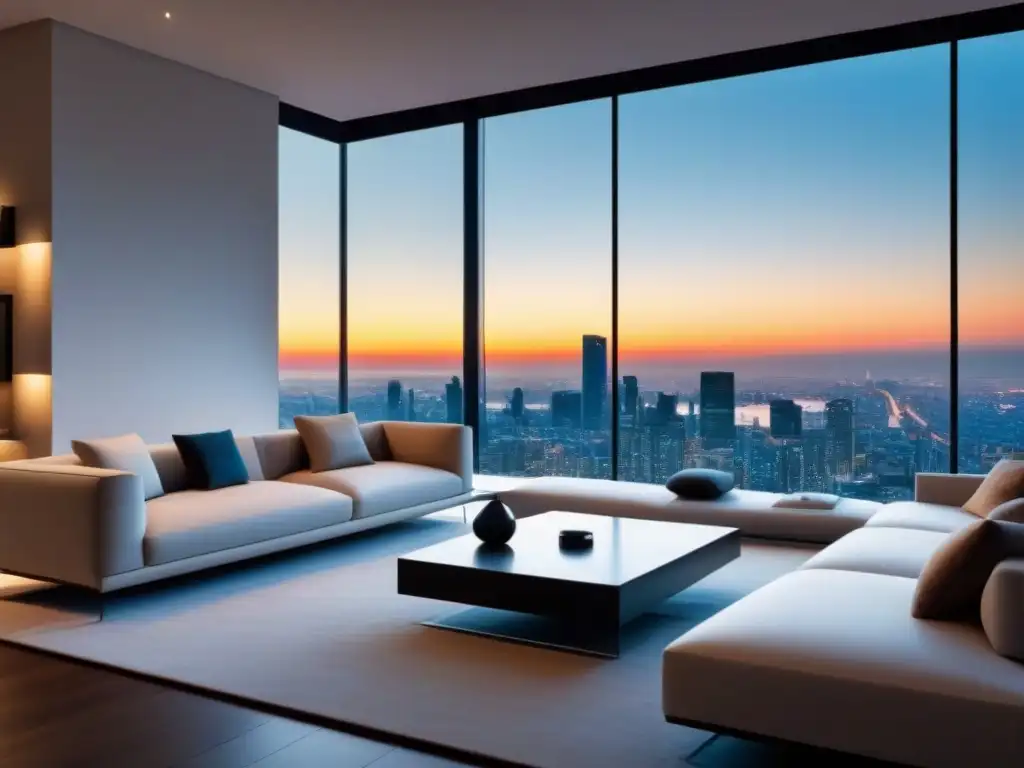 Sala de estar de lujo con domótica integrada y tecnología inteligente Salón de lujo con domótica en el mercado inmobiliario, elegante y tecnológico
